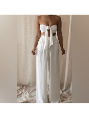 JLUXLABEL White linen Set Wide-Leg High-Waist Lounge Pants and Bandeau tie top